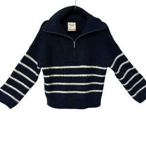 Abercrombie Fitch Navy White Striped 1/4 Zip Sweater Womens Medium Ribbed Collar